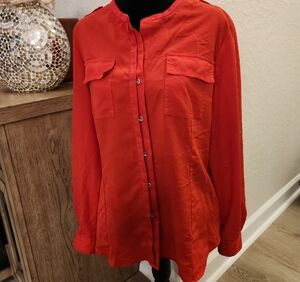 Calvin Klein Red Button Down Blouse with Mandarin Collar